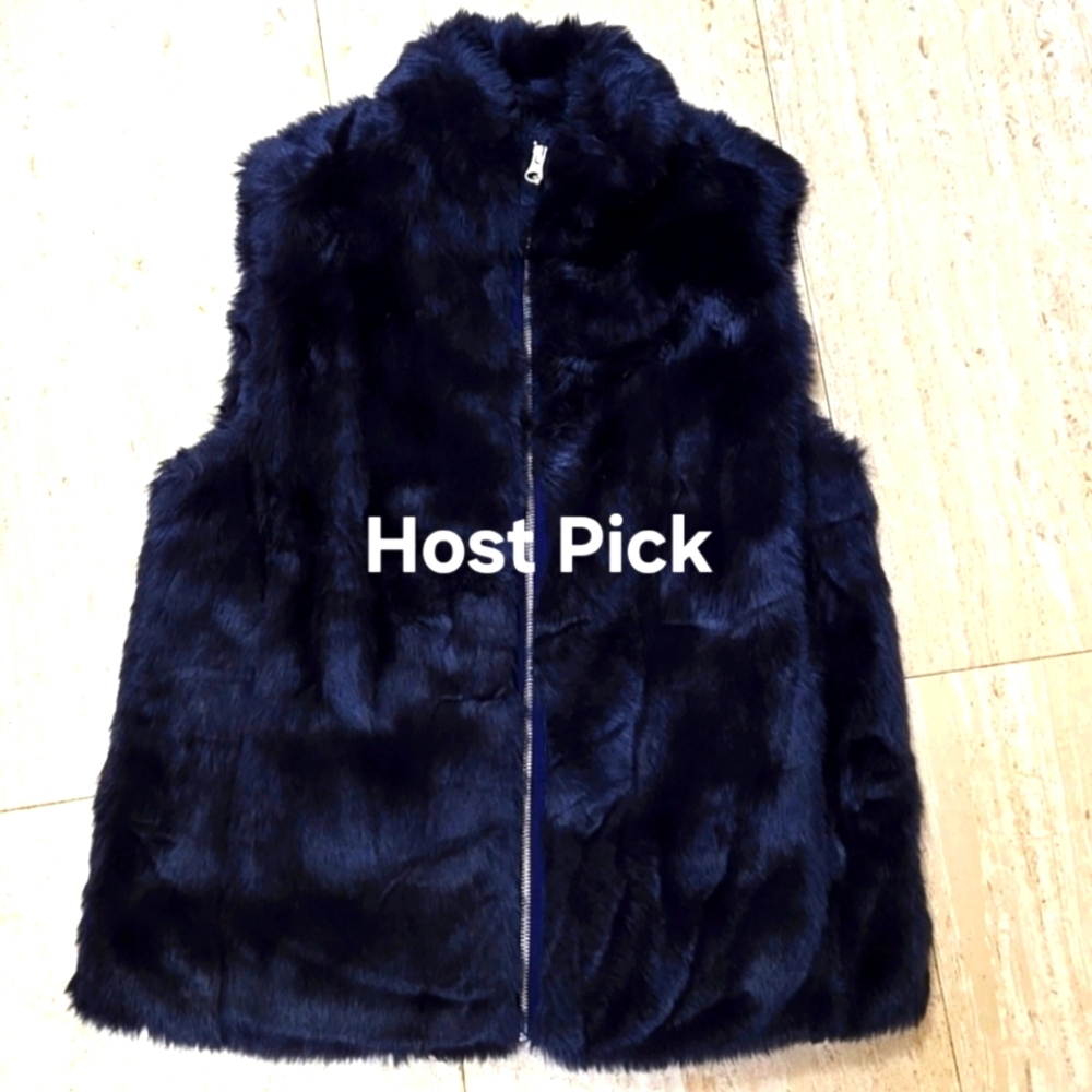 J. CREW Midnight Navy Plush Faux Fur Zipper Vest